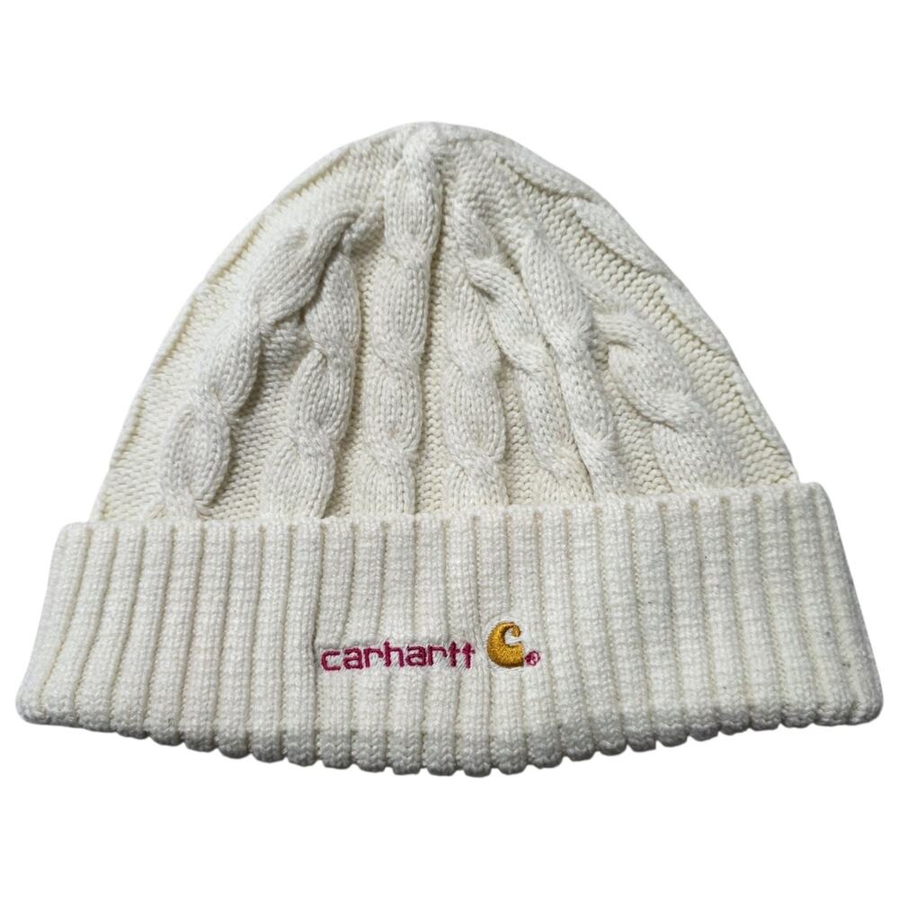 Carhartt Kids Cable Knit Beanie Hat Ivory Cream Cuffed Embroidered Logo Youth